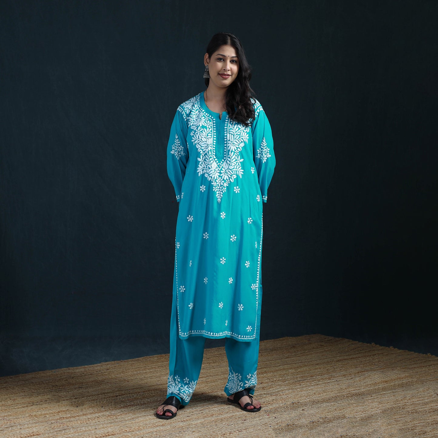 Blue - Hand Embroidered Rayon Chikankari Kurta with Pant Set for Women 08