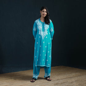 Blue - Hand Embroidered Rayon Chikankari Kurta with Pant Set for Women 08