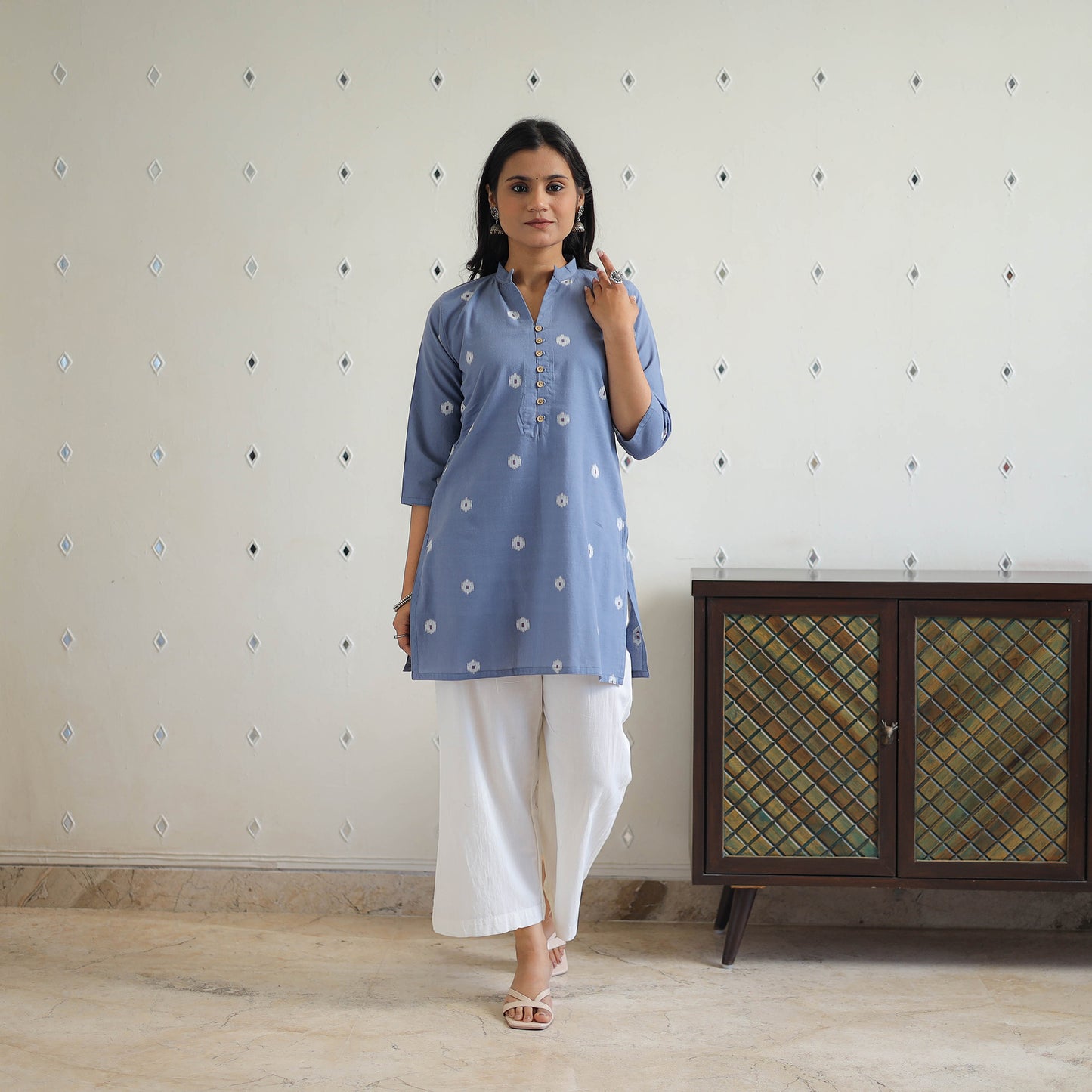 Blue - Pure Cotton Short Jacquard Kurta 01