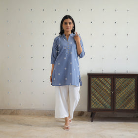 Buy Blue Pure Cotton Short Jacquard Kurta Online in India