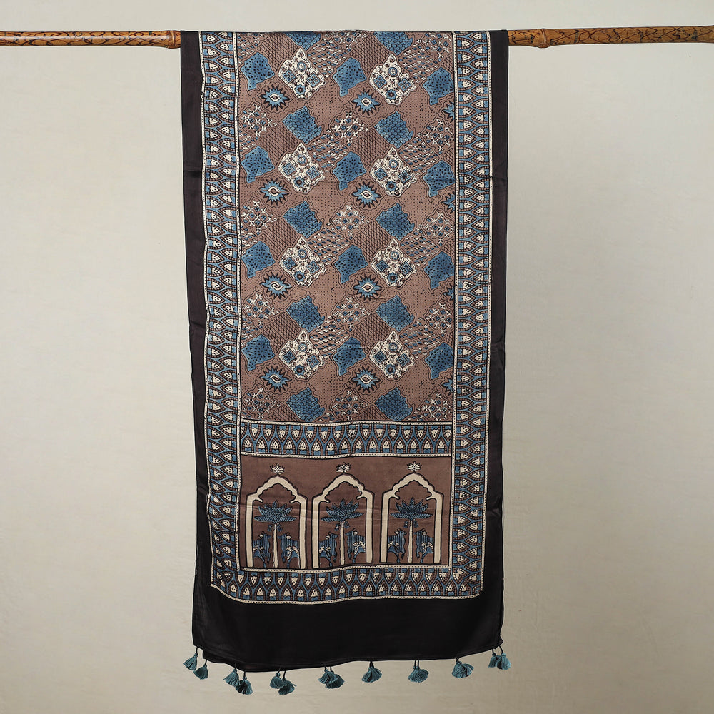 Brown - Ajrakh Block Printed Modal Silk Stole with Tassels 10