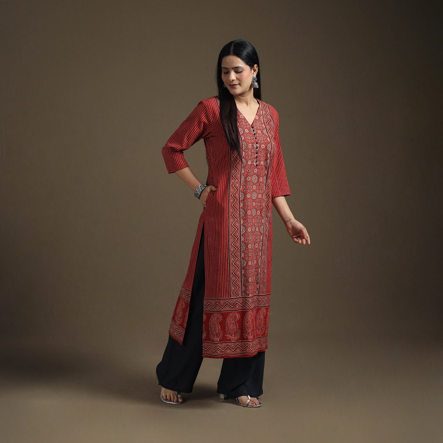 Hand Block Print Cotton Straight Long Ajrakh Kurta for Women 04