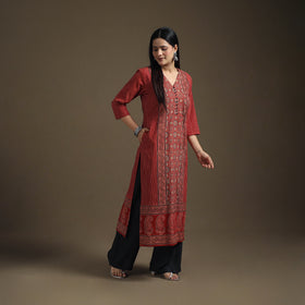 Hand Block Print Cotton Straight Long Ajrakh Kurta for Women 04