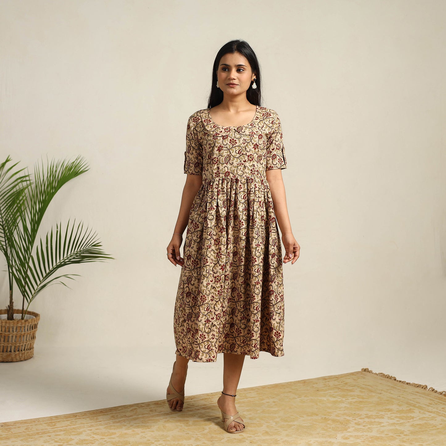 Pedana Block Print Cotton Flared Kalamkari Dress 08