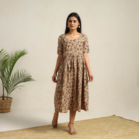 Buy Beige Pedana Block Print Cotton Flared Kalamkari Dress