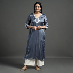 Buy Navy Blue Modal Silk Hand Embroidered Long Kurta l iTokri.com