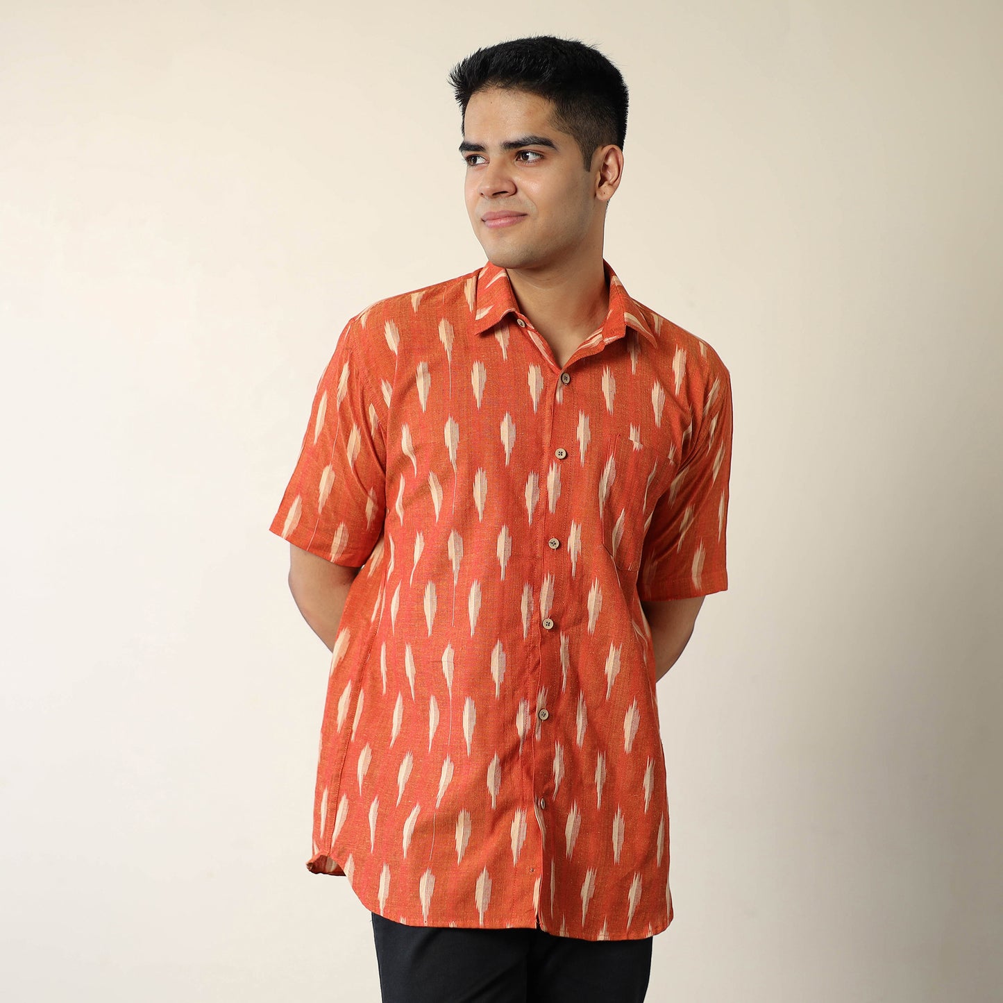 Orange - Pochampally Ikat Weave Cotton Men Half Sleeve Shirt 07