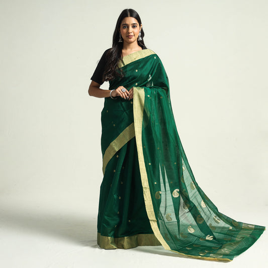 Green - Traditional Chanderi Silk Handloom Saree with Zari Border & Buta