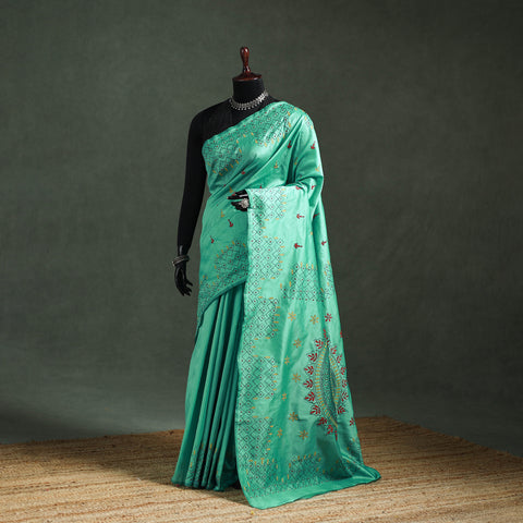 Green - Bengal Nakshi Kantha Hand Embroidered Silk Saree 25