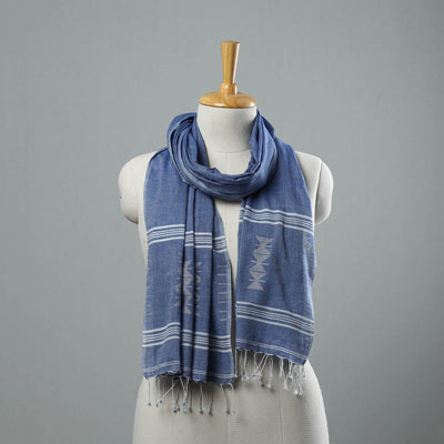 Blue - Burdwan Jamdani Cotton Handloom Stole with Tassels 17