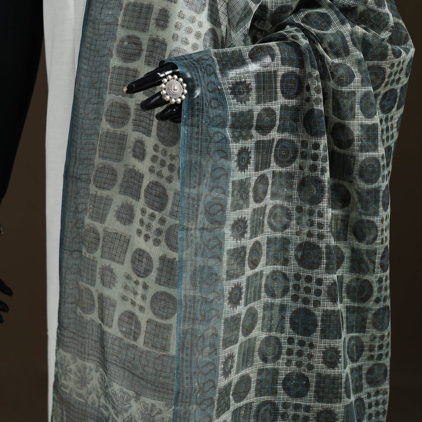 Grey - Gray - Ajrakh Vanaspati Hand Block Print Natural Dyed Kota Doria Cotton Dupatta 11