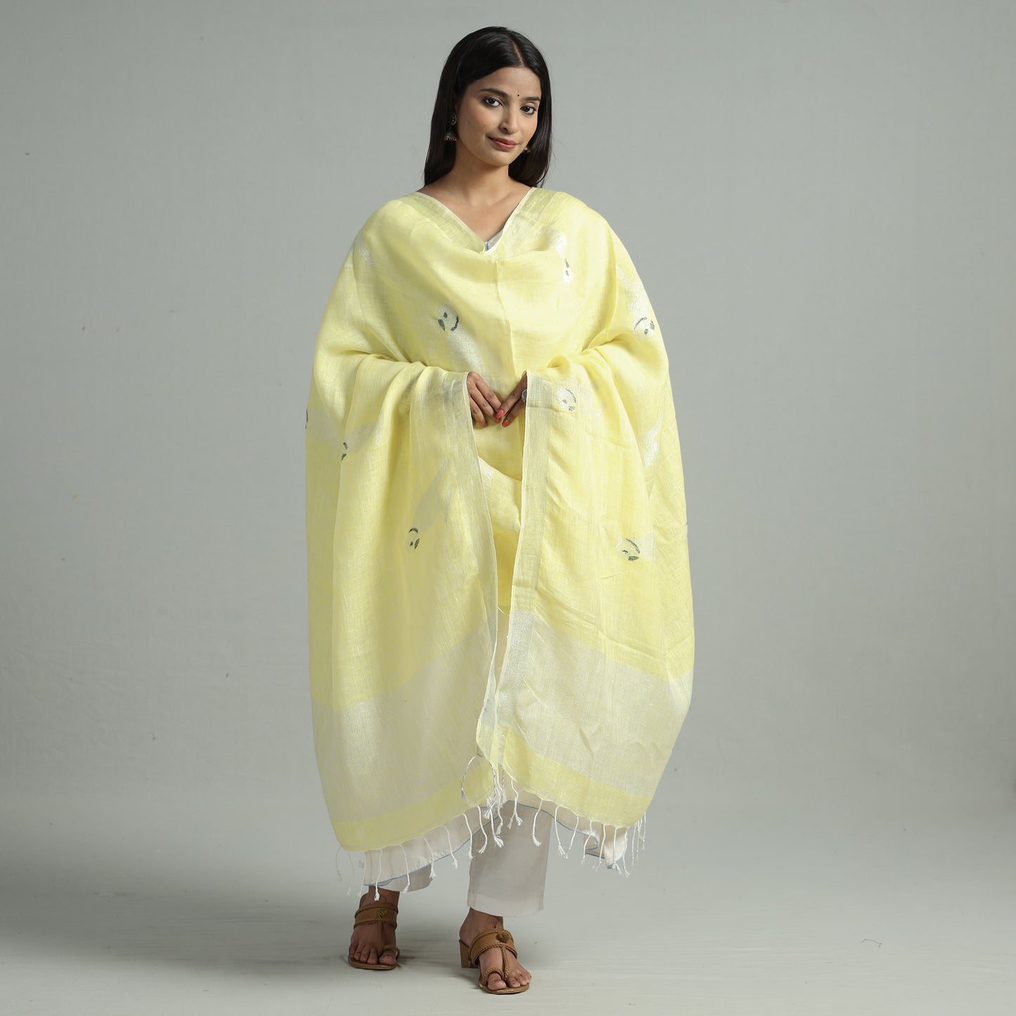 Yellow - Bengal Jamdani Handloom Linen Dupatta with Tassels 11