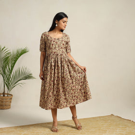 Buy Beige Pedana Block Print Cotton Flared Kalamkari Dress