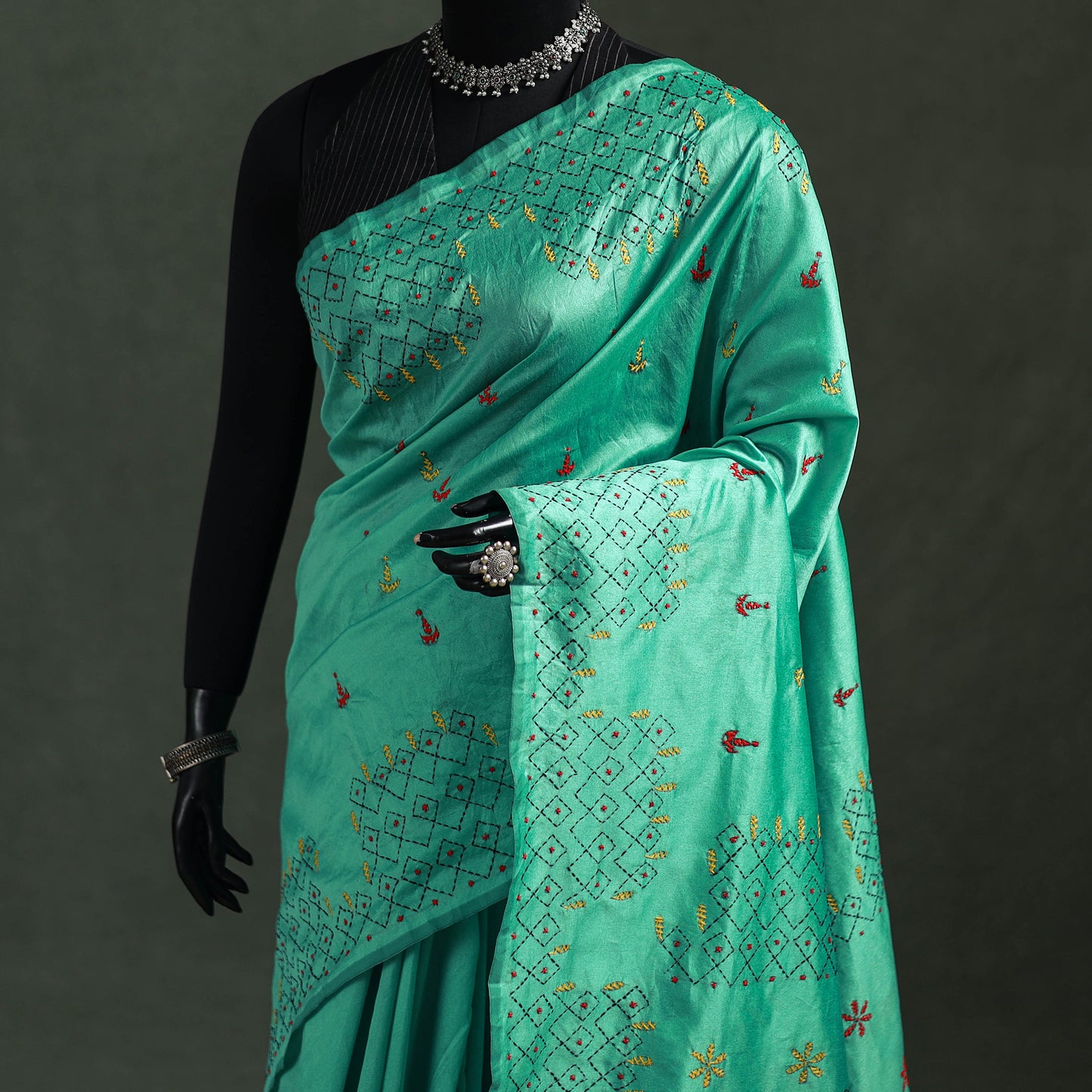 Green - Bengal Nakshi Kantha Hand Embroidered Silk Saree 25