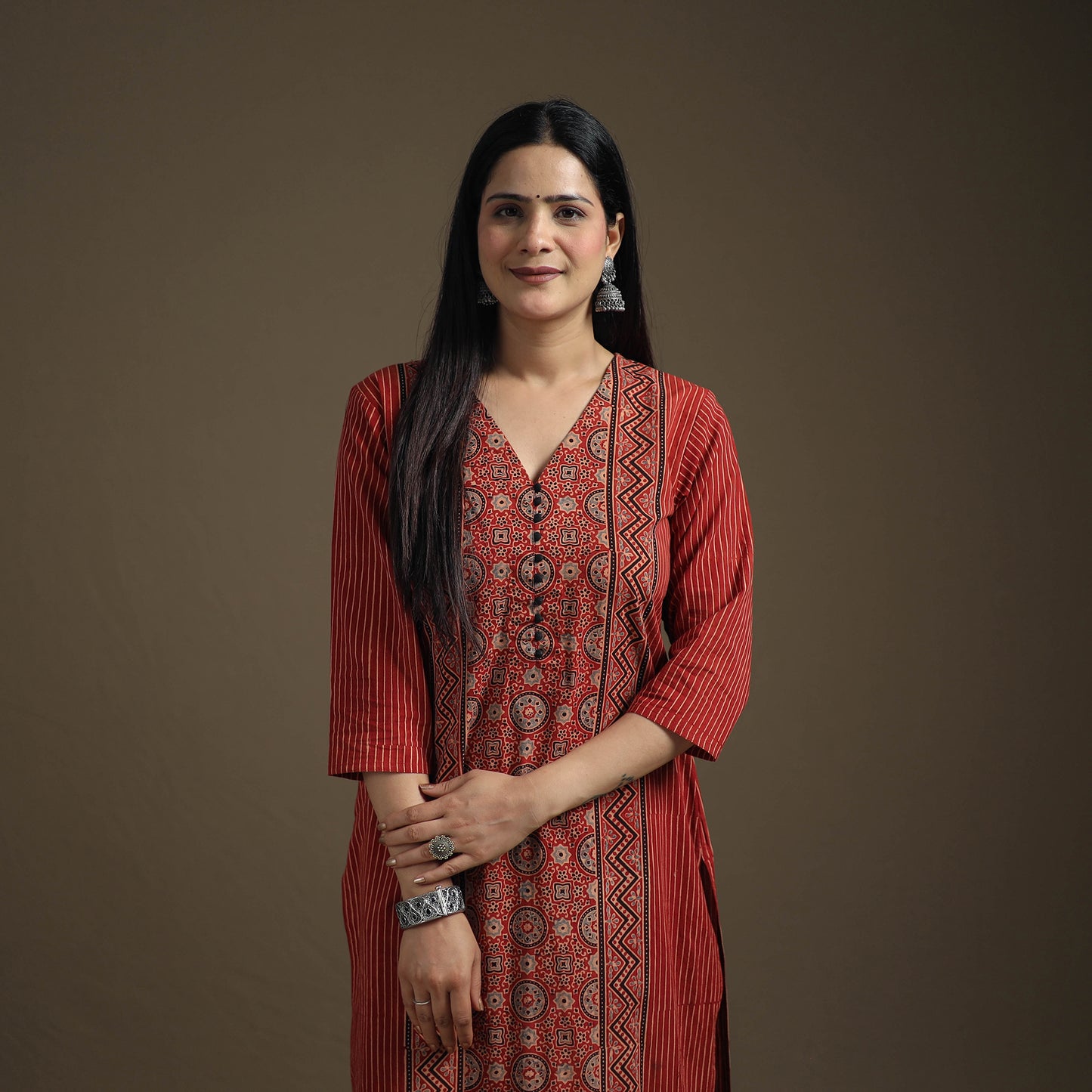 Hand Block Print Cotton Straight Long Ajrakh Kurta for Women 04