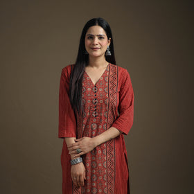 Hand Block Print Cotton Straight Long Ajrakh Kurta for Women 04