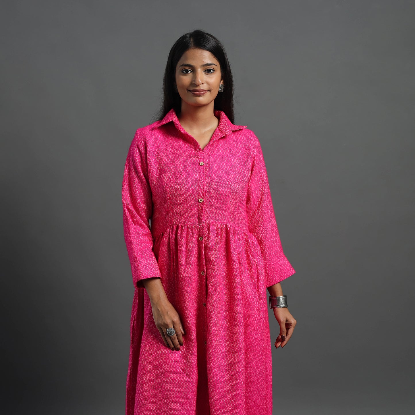 Inayat Hot Pink Plain Button Down Woollen Dress 10