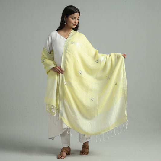 Yellow - Bengal Jamdani Handloom Linen Dupatta with Tassels 11