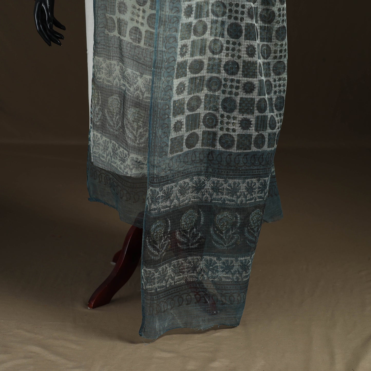 Grey - Gray - Ajrakh Vanaspati Hand Block Print Natural Dyed Kota Doria Cotton Dupatta 11