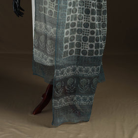 Grey - Gray - Ajrakh Vanaspati Hand Block Print Natural Dyed Kota Doria Cotton Dupatta 11