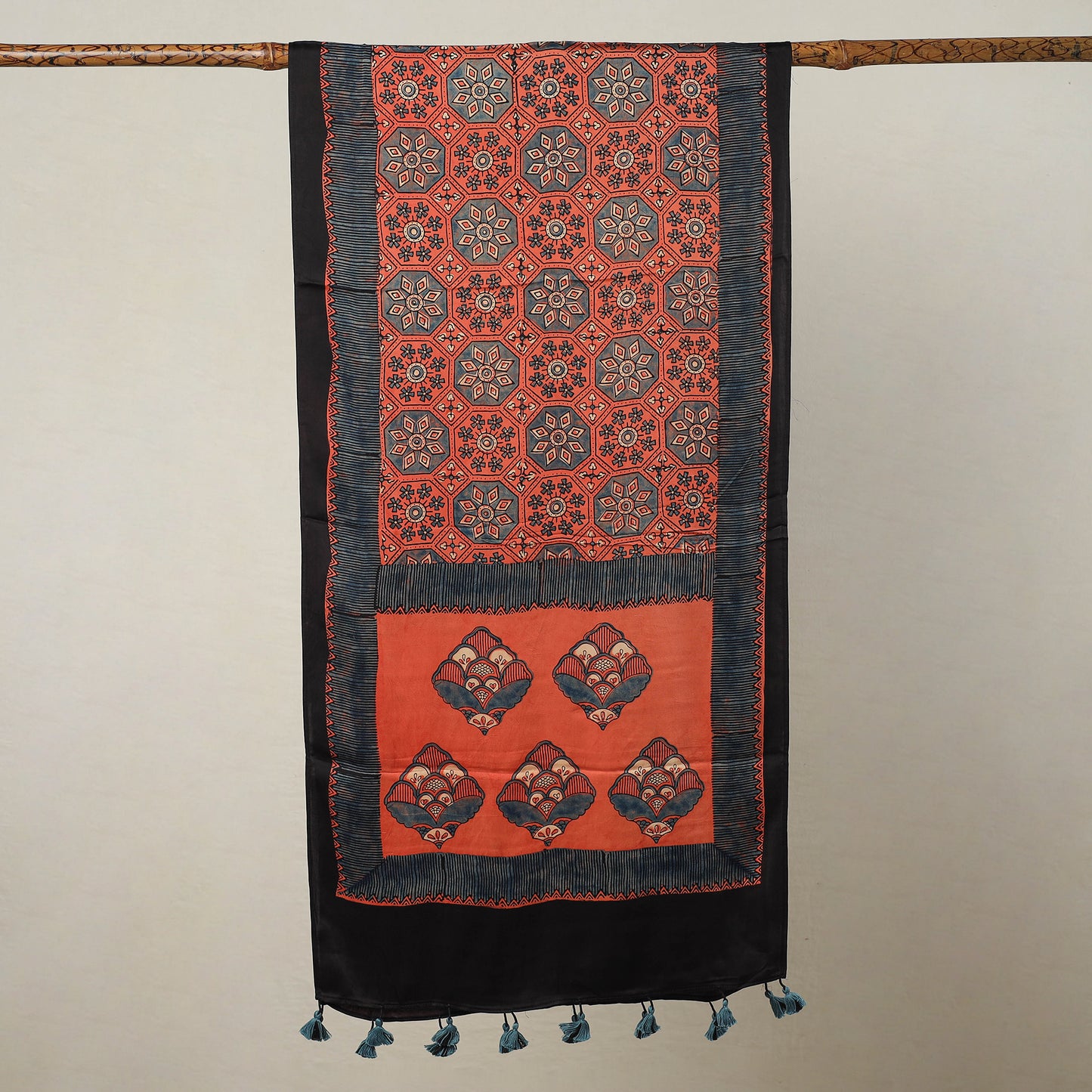 Orange - Ajrakh Block Printed Modal Silk Stole with Tassels 07