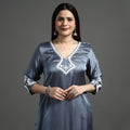 Buy Navy Blue Modal Silk Hand Embroidered Long Kurta l iTokri.com