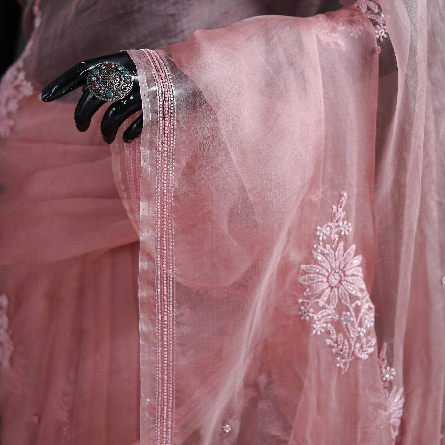 Lucknowi Chikankari Heavy Bead Work Pure Organza Silk Saree 06