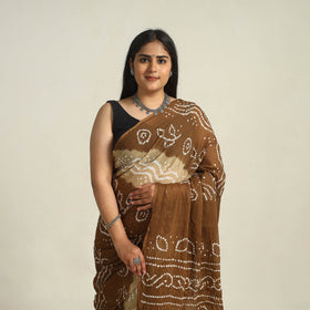 Brown - kutch bandhani tie-dye cotton saree with blouse