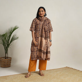 Brown - printed cotton kalamkari kurta set 14 - handcrafted