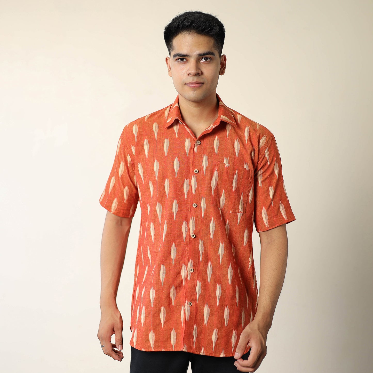 Orange - Pochampally Ikat Weave Cotton Men Half Sleeve Shirt 07