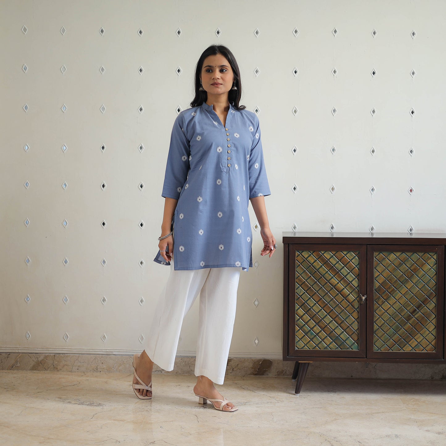 Blue - Pure Cotton Short Jacquard Kurta 01