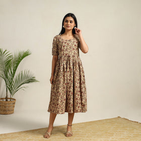 Buy Beige Pedana Block Print Cotton Flared Kalamkari Dress