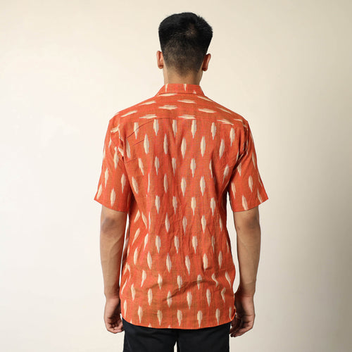 Orange - Pochampally Ikat Weave Cotton Men Half Sleeve Shirt 07