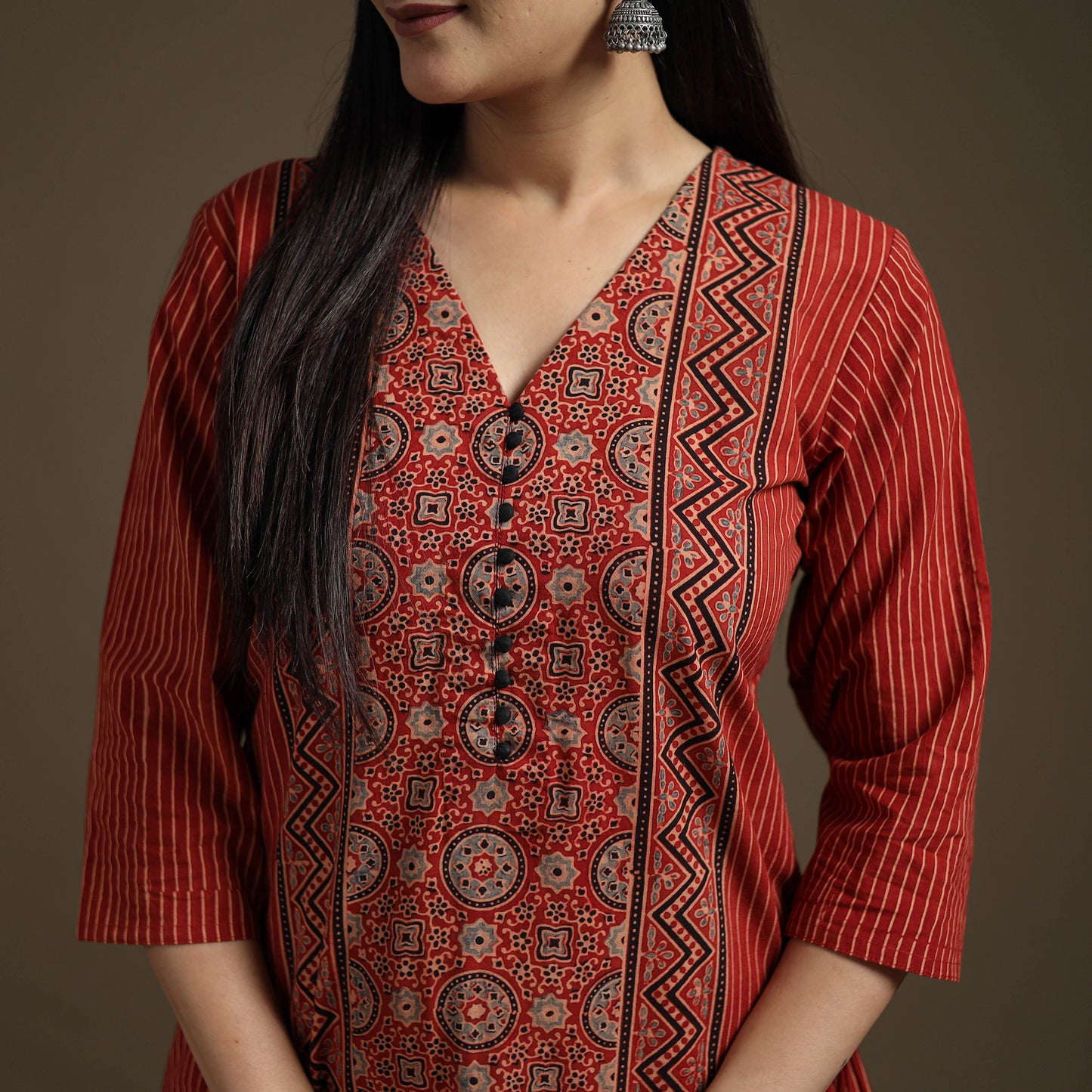 Hand Block Print Cotton Straight Long Ajrakh Kurta for Women 04