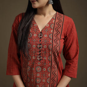 Hand Block Print Cotton Straight Long Ajrakh Kurta for Women 04