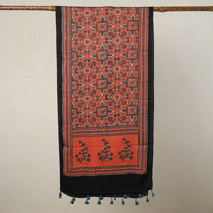 Orange - Ajrakh Block Printed Modal Silk Stole with Tassels 06