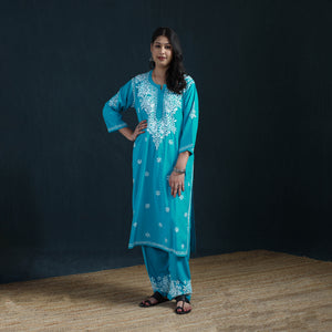 Blue - Hand Embroidered Rayon Chikankari Kurta with Pant Set for Women 08