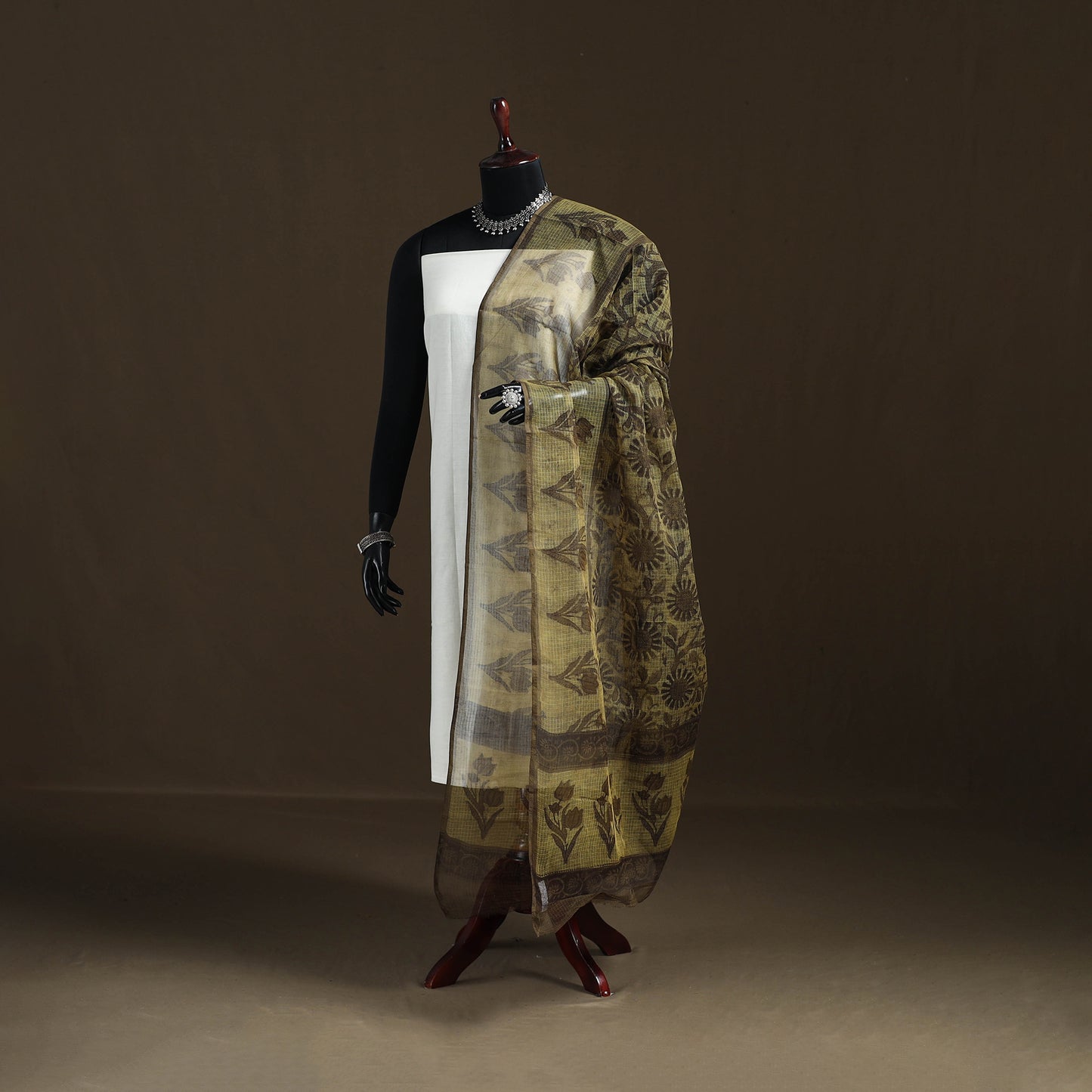 Brown - Ajrakh Vanaspati Hand Block Print Natural Dyed Kota Doria Cotton Dupatta 12