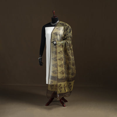 Brown - Ajrakh Vanaspati Hand Block Print Natural Dyed Kota Doria Cotton Dupatta 12