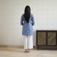 Blue - Pure Cotton Short Jacquard Kurta 01