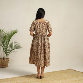 Buy Beige Pedana Block Print Cotton Flared Kalamkari Dress