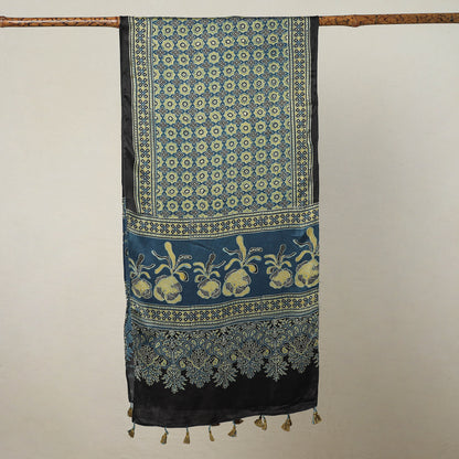 Blue - Ajrakh Block Printed Modal Silk Stole with Tassels 05