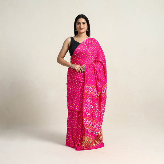 Pink - Kutch Tie-Dye Gajji Silk Bandhani Saree with Blouse Piece 02