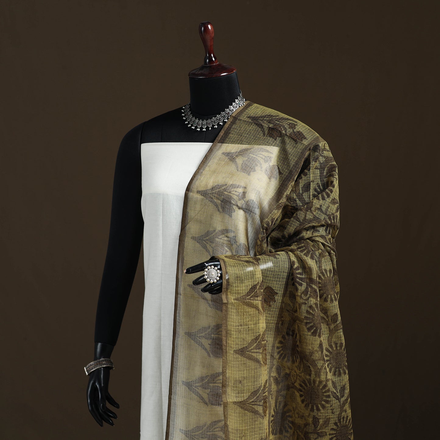 Brown - Ajrakh Vanaspati Hand Block Print Natural Dyed Kota Doria Cotton Dupatta 12