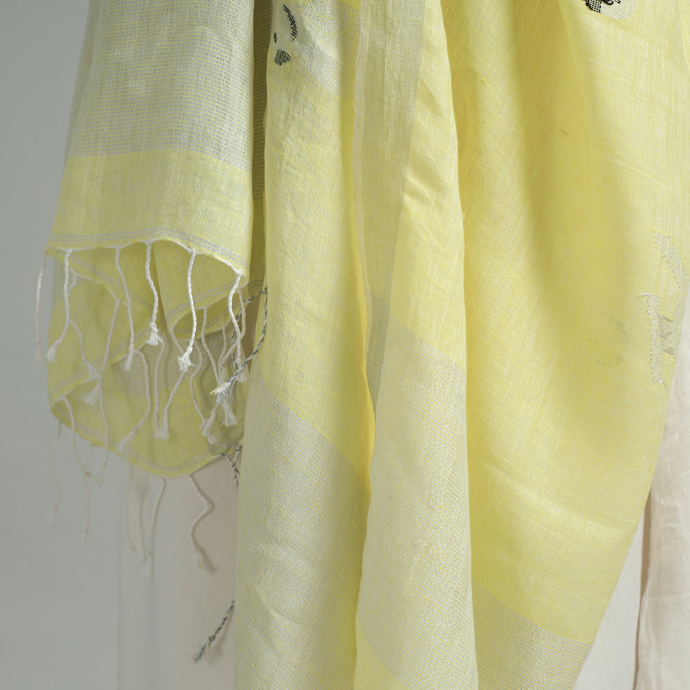 Yellow - Bengal Jamdani Handloom Linen Dupatta with Tassels 11