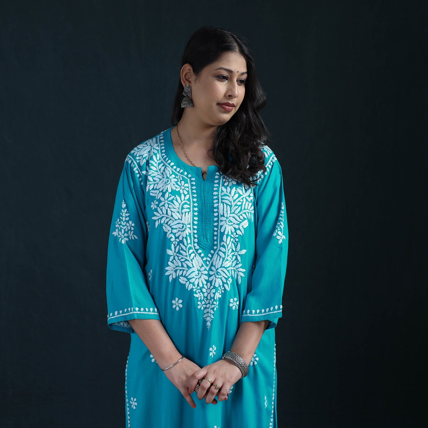 Blue - Hand Embroidered Rayon Chikankari Kurta with Pant Set for Women 08