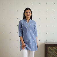 Blue - Pure Cotton Short Jacquard Kurta 01