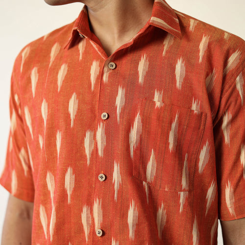 Orange - Pochampally Ikat Weave Cotton Men Half Sleeve Shirt 07