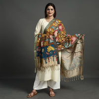 Brown - Srikalahasti Pen Work Kalamkari Cotton Handpainted Zari Border Dupatta with Tassels 114