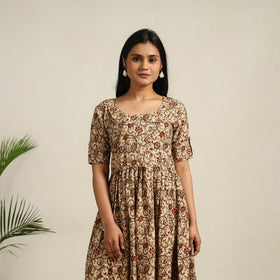 Buy Beige Pedana Block Print Cotton Flared Kalamkari Dress
